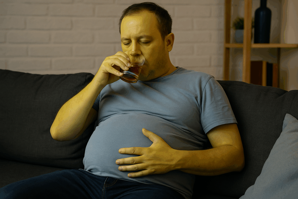This image shows a man sitting on a sofa, drinking a glass of alcohol. It's designed to show the health risks associated with alcohol consumption.
