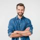 photo fake laser Confident caucasian young man in casual denim clothes with arms crossed looking at camera with toothy smile isolated in white background
