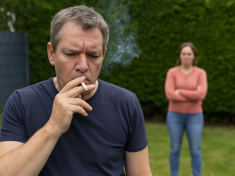 l'image montre un homme qui fume et la voisine n'est pas contente car elle sent la cigarette et sa la gêne .