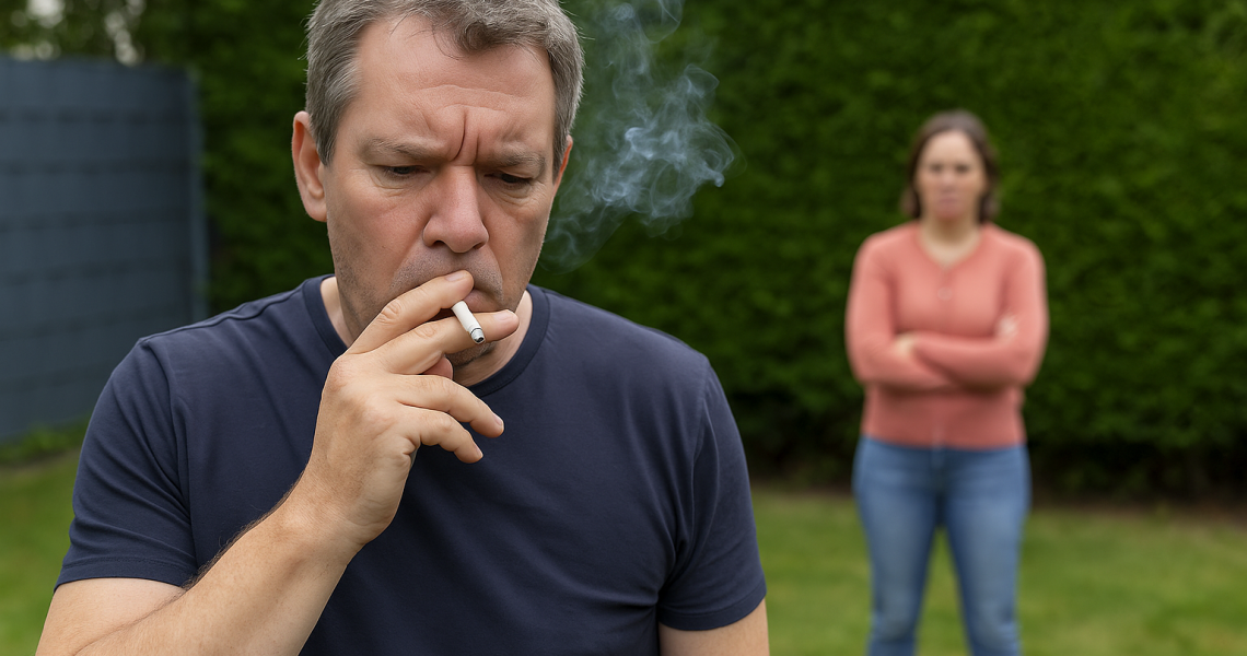 l'image montre un homme qui fume et la voisine n'est pas contente car elle sent la cigarette et sa la gêne .